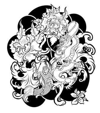 Şeftali çiçeği ve bulut dövmeli Çin ejderhası. Su sıçraması ve kara bulutlu Japon dövmesi. Sazan balığı ve kaplan resimli tişört arka planı. Ejderha ve koi balığı dalga üzerine savaşıyor.,