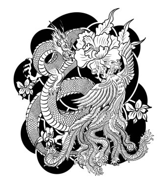 Şeftali çiçeği ve bulut dövmeli Çin ejderhası. Su sıçraması ve kara bulutlu Japon dövmesi. Sazan balığı ve kaplan resimli tişört arka planı. Ejderha ve koi balığı dalga üzerine savaşıyor.,