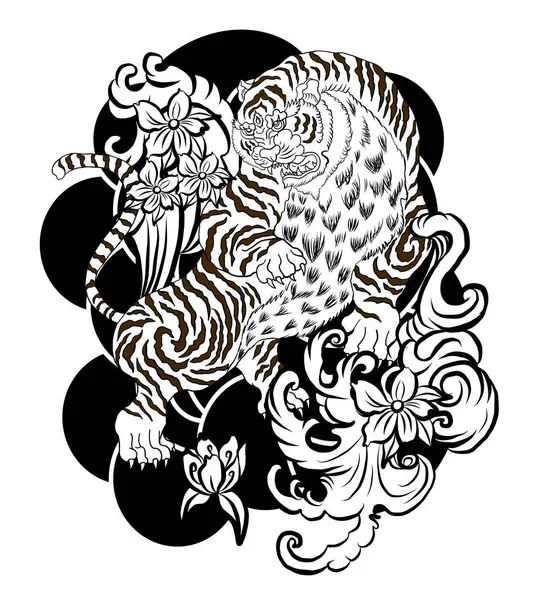 Şeftali çiçeği ve bulut dövmeli Çin ejderhası. Su sıçraması ve kara bulutlu Japon dövmesi. Sazan balığı ve kaplan resimli tişört arka planı. Ejderha ve koi balığı dalga üzerine savaşıyor.,