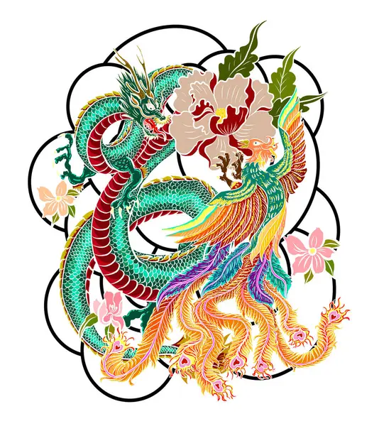 Şeftali çiçeği ve bulut dövmeli Çin ejderhası. Su sıçraması ve kara bulutlu Japon dövmesi. Sazan balığı ve kaplan resimli tişört arka planı. Ejderha ve koi balığı dalga üzerine savaşıyor.,