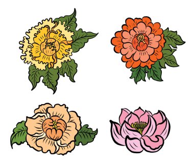 Arkaplanda resim yapmak için çiçek vektörü seti. Perdeye yazı yazdırmak için şakayık. Nakış tarzı için geleneksel Asya çiçekleri. Gül çiçeği. Yaz için güzel bir çizgi..