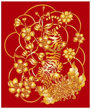 Geleneksel Japon kaplan dövmesi. Kaplan çıkartması tasarımı, siyah zemin üzerinde çizgi film kaplanı. Beyaz izole edilmiş elementler için vektör. Arkaplanda boyama kitabı veya tişört çizimleri.