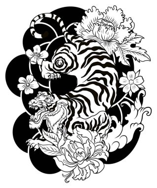 Geleneksel Japon kaplan dövmesi. Kaplan çıkartması tasarımı, siyah zemin üzerinde çizgi film kaplanı. Beyaz izole edilmiş elementler için vektör. Arkaplanda boyama kitabı veya tişört çizimleri.