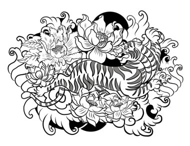 Geleneksel Japon kaplan dövmesi. Kaplan çıkartması tasarımı, siyah zemin üzerinde çizgi film kaplanı. Beyaz izole edilmiş elementler için vektör. Arkaplanda boyama kitabı veya tişört çizimleri.