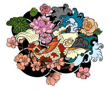 Japon koi balığı dövmesi çiziminin vektör çizimi. Japon geçmişi. Koi balığı dövmesi. El çizimi koi balığı ve Çin karalama sanatı. Şakayık, kiraz çiçeği ve nilüfer çiçeği taşıyıcısı.