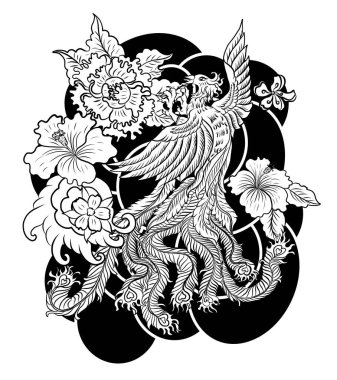 Arka planda dövme tasarımı için Phoenix 'in güzel çizgi sanatı. Gömlekte baskı için Phoenix vektörü. Karalama sanatı için Phoenix vektör çizimi ve beyaz izole edilmiş arka plan üzerine boyama kitabı..