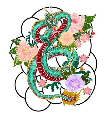 Elle çizilmiş ejderha dövmesi, boyama kitabı Japon stili. Dövme için eski Japon ejderhası. Tişört için arka planda Çin ejderhası çiziminin sembolü. Geleneksel Asya dövmesi Eski ejderha vektörü.