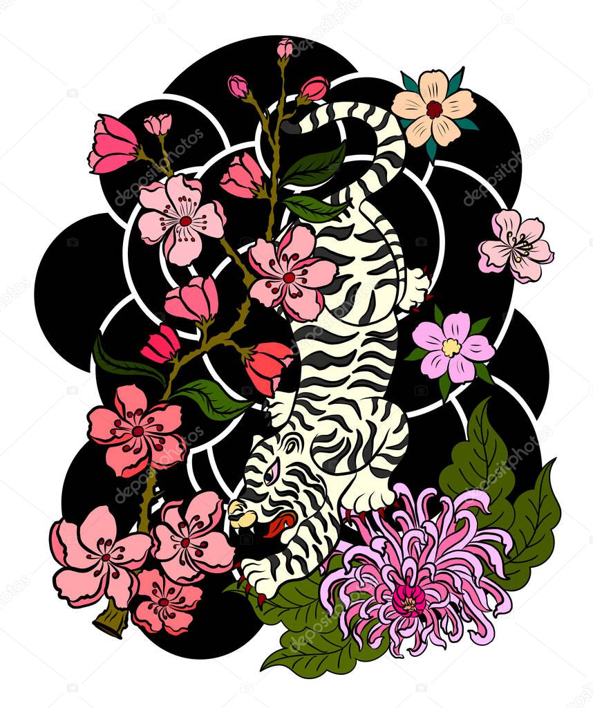 Traditional Japanese tiger tattoo.Tiger Sticker tattoo design,Cartoon tiger on black background.Vector for elements on white isolated.Hand drawn illustration for coloring book or T-shirt on backdrop.