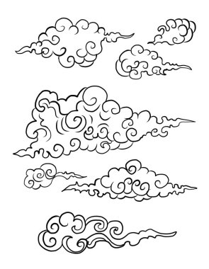 Beyaz arkaplan üzerine resim ve baskı için Çin bulut vektörü. Dövme tasarımı ve fikir için geleneksel Japon kültür unsuru. Bulut ve dalga illüstrasyonu..
