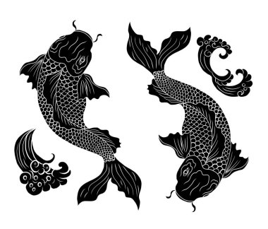 koi carp vector isolate for tattoo.Japanese carp drawing.Hand drawn line art of Koi carp. Vector isolated. Idea for tattoo and coloring books.Traditional Japanese culture element for printing on wall.