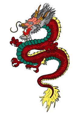 Japon mavi ejderha dövmesi. Çin Yeni Yılı için beyaz arkaplanda ejderha. Altın Çin Ejderhası vektörü. Altın çizgili King Dragon dövmesi..