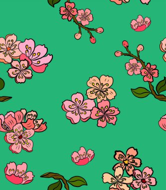 Beyaz üzerine kiraz ağacı dalı. Vektör illüstrasyonu Sakura Çiçeği, Güzel Şeftali Çiçeği izole vektörü. Japon çiçekleri..