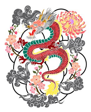 Elle çizilmiş ejderha dövmesi, boyama kitabı Japon stili. Dövme için eski Japon ejderhası. Tişört için arka planda Çin ejderhası çiziminin sembolü. Geleneksel Asya dövmesi Eski ejderha vektörü.