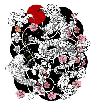 Şeftali çiçeği ve bulut dövmeli Çin ejderhası. Su sıçraması ve kara bulutlu Japon dövmesi. Sazan balığı ve kaplan resimli tişört arka planı. Ejderha ve koi balığı dalga üzerine savaşıyor.,