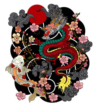Şeftali çiçeği ve bulut dövmeli Çin ejderhası. Su sıçraması ve kara bulutlu Japon dövmesi. Sazan balığı ve kaplan resimli tişört arka planı. Ejderha ve koi balığı dalga üzerine savaşıyor.,