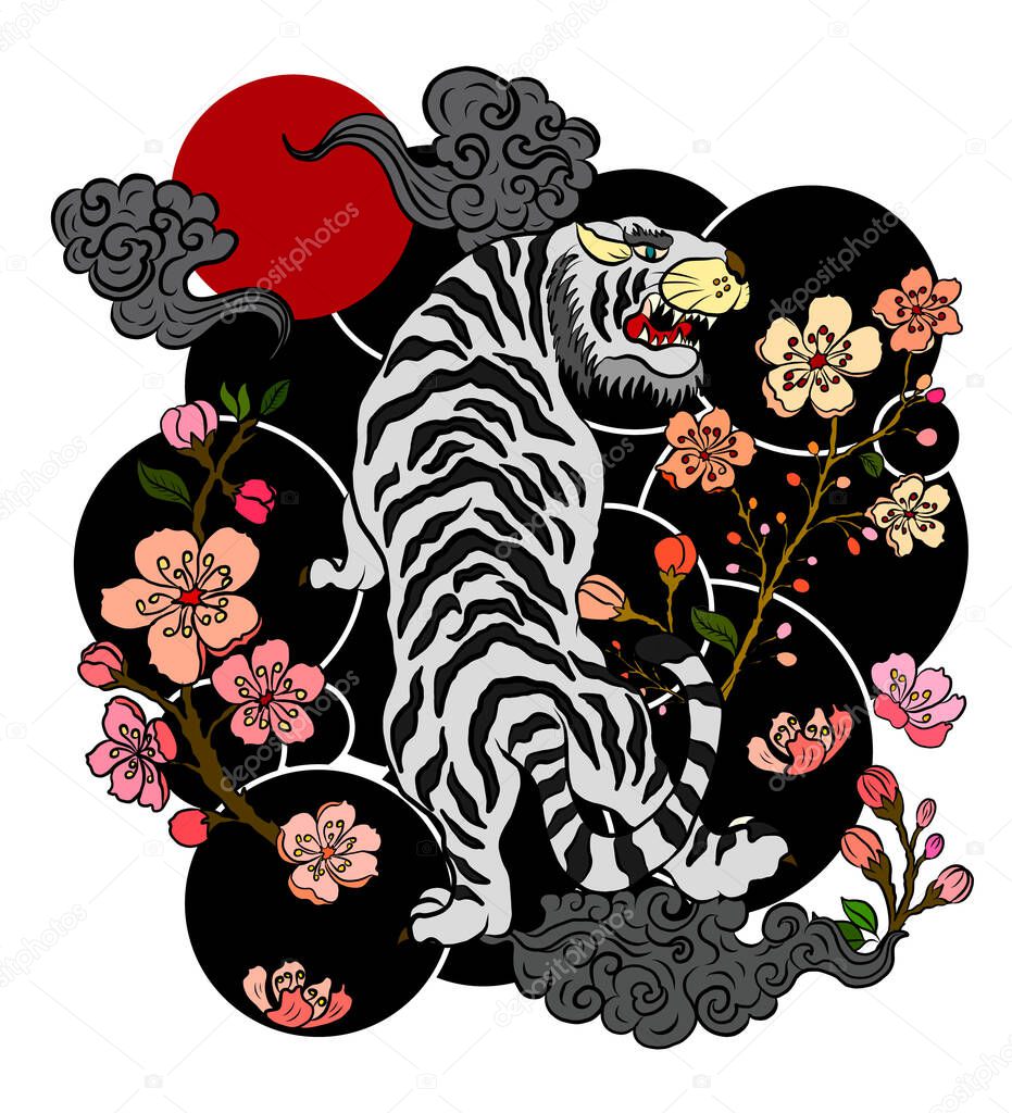 Traditional Japanese tiger tattoo.Tiger Sticker tattoo design,Cartoon tiger on black background.Vector for elements on white isolated.Hand drawn illustration for coloring book or T-shirt on backdrop.