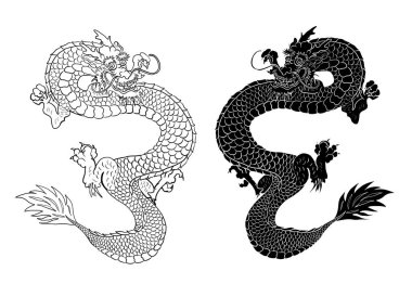 Japon ejderha dövmesi beyaz arkaplanda izole edildi. Gömlek boyama için geleneksel Japon kültürü. Etiket ya da boyama kitabı için elementler..