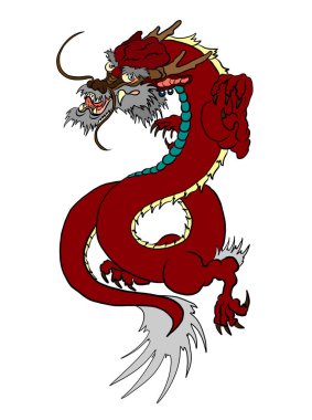 Japon ejderha dövmesi beyaz arkaplanda izole edildi. Gömlek boyama için geleneksel Japon kültürü. Etiket ya da boyama kitabı için elementler..