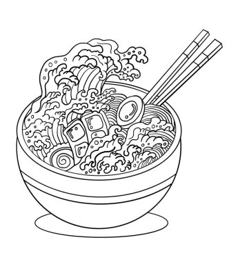 Geleneksel Japon eriştesi ve duvar kağıdı üzerine restoran baskısı için el sallama. Karalama sanatı için Ramen vektör çizimi. Arka planda yemek çubukları vektörü ile gün doğumu..