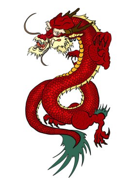 Japon ejderha dövmesi beyaz arkaplanda izole edildi. Gömlek boyama için geleneksel Japon kültürü. Etiket ya da boyama kitabı için elementler..