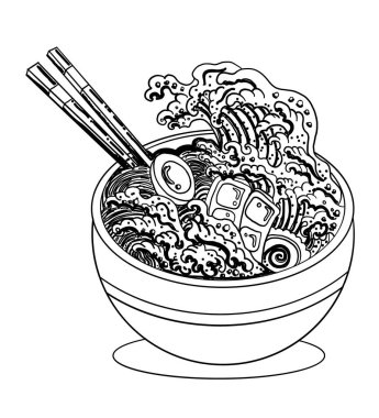 Geleneksel Japon eriştesi ve duvar kağıdı üzerine restoran baskısı için el sallama. Karalama sanatı için Ramen vektör çizimi. Arka planda yemek çubukları vektörü ile gün doğumu..