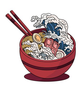 Geleneksel Japon eriştesi ve duvar kağıdı üzerine restoran baskısı için el sallama. Karalama sanatı için Ramen vektör çizimi. Arka planda yemek çubukları vektörü ile gün doğumu..