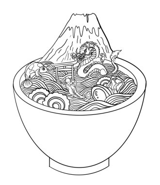 Geleneksel Japon eriştesi ve duvar kağıdı üzerine restoran baskısı için el sallama. Karalama sanatı için Ramen vektör çizimi. Arka planda yemek çubukları vektörü ile gün doğumu..