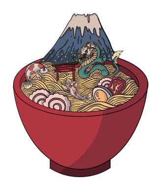 Geleneksel Japon eriştesi ve duvar kağıdı üzerine restoran baskısı için el sallama. Karalama sanatı için Ramen vektör çizimi. Arka planda yemek çubukları vektörü ile gün doğumu..