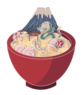 Geleneksel Japon eriştesi ve duvar kağıdı üzerine restoran baskısı için el sallama. Karalama sanatı için Ramen vektör çizimi. Arka planda yemek çubukları vektörü ile gün doğumu..