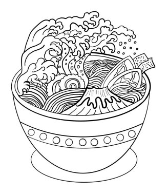 Geleneksel Japon eriştesi ve duvar kağıdı üzerine restoran baskısı için el sallama. Karalama sanatı için Ramen vektör çizimi. Arka planda yemek çubukları vektörü ile gün doğumu..