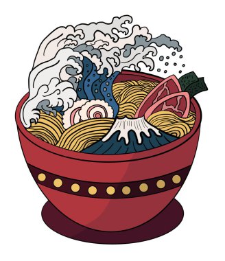 Geleneksel Japon eriştesi ve duvar kağıdı üzerine restoran baskısı için el sallama. Karalama sanatı için Ramen vektör çizimi. Arka planda yemek çubukları vektörü ile gün doğumu..