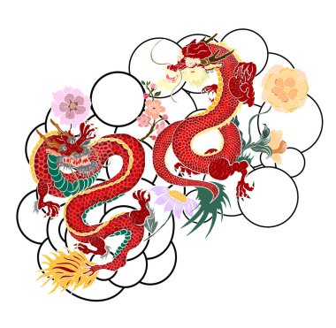 Şakayık çiçekli ve nilüfer çiçekli eski Japon ejderha dövmesi. Eski ejderha geleneksel Japon dövme stili. Baskı ve boyama kitabı için geleneksel Japon kültürü.