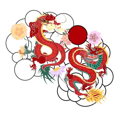 Şakayık çiçekli ve nilüfer çiçekli eski Japon ejderha dövmesi. Eski ejderha geleneksel Japon dövme stili. Baskı ve boyama kitabı için geleneksel Japon kültürü.