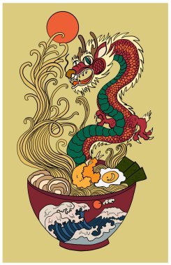 Geleneksel Japon eriştesi ve duvar kağıdı üzerine restoran baskısı için el sallama. Karalama sanatı için Ramen vektör çizimi. Arka planda yemek çubukları vektörü ile gün doğumu..