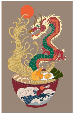 Geleneksel Japon eriştesi ve duvar kağıdı üzerine restoran baskısı için el sallama. Karalama sanatı için Ramen vektör çizimi. Arka planda yemek çubukları vektörü ile gün doğumu..