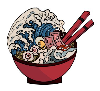 Traditional Japanese ramen and wave for restaurant printing on wallpaper.Ramen vector illustration for doodle art.Sunrise with chopsticks vector for painting on background.