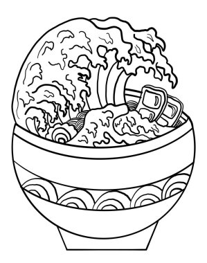 Geleneksel Japon eriştesi ve duvar kağıdı üzerine restoran baskısı için el sallama. Karalama sanatı için Ramen vektör çizimi. Arka planda yemek çubukları vektörü ile gün doğumu..