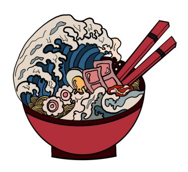 Geleneksel Japon eriştesi ve duvar kağıdı üzerine restoran baskısı için el sallama. Karalama sanatı için Ramen vektör çizimi. Arka planda yemek çubukları vektörü ile gün doğumu..