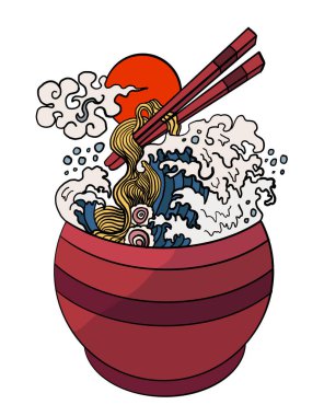 Geleneksel Japon eriştesi ve duvar kağıdı üzerine restoran baskısı için el sallama. Karalama sanatı için Ramen vektör çizimi. Arka planda yemek çubukları vektörü ile gün doğumu..