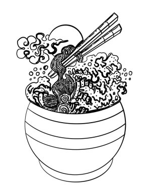 Geleneksel Japon eriştesi ve duvar kağıdı üzerine restoran baskısı için el sallama. Karalama sanatı için Ramen vektör çizimi. Arka planda yemek çubukları vektörü ile gün doğumu..