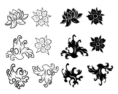 Beyaz arkaplan üzerine boyama kitabı ve baskı için Çin bulut vektörü. Dövme tasarımı ve fikir için geleneksel Japon kültür unsuru. Bulut ve dalga illüstrasyonu. klip sanatı. Serbest el Sakura çiçek vektörü seti, Güzel çizgi sanat şeftalisi. 