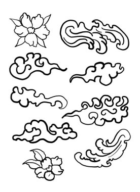 Beyaz arkaplan üzerine boyama kitabı ve baskı için Çin bulut vektörü. Dövme tasarımı ve fikir için geleneksel Japon kültür unsuru. Bulut ve dalga illüstrasyonu. klip sanatı. Serbest el Sakura çiçek vektörü seti, Güzel çizgi sanat şeftalisi. 