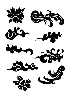 Beyaz arkaplan üzerine boyama kitabı ve baskı için Çin bulut vektörü. Dövme tasarımı ve fikir için geleneksel Japon kültür unsuru. Bulut ve dalga illüstrasyonu. klip sanatı. Serbest el Sakura çiçek vektörü seti, Güzel çizgi sanat şeftalisi. 