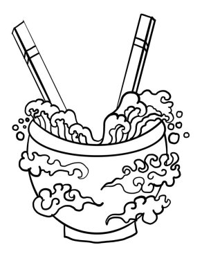 Geleneksel Japon eriştesi ve duvar kağıdı üzerine restoran baskısı için el sallama. Karalama sanatı için Ramen vektör çizimi. Arka planda yemek çubukları vektörü ile gün doğumu..