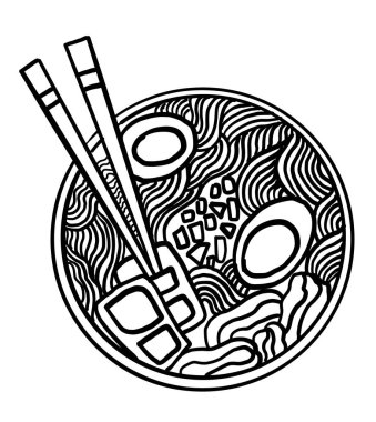 Geleneksel Japon eriştesi ve duvar kağıdı üzerine restoran baskısı için el sallama. Karalama sanatı için Ramen vektör çizimi. Arka planda yemek çubukları vektörü ile gün doğumu..