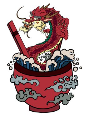 Geleneksel Japon eriştesi ve duvar kağıdı üzerine restoran baskısı için el sallama. Karalama sanatı için Ramen vektör çizimi. Arka planda yemek çubukları vektörü ile gün doğumu..