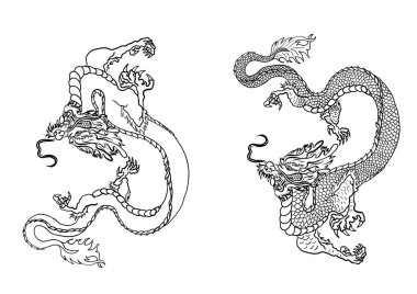Japon kırmızı ejderha dövmesi. Çin Yeni Yılı için kırmızı zemin üzerinde ejderha. Altın çizgili Çin Ejderhası vektörü. Altın çizgili Kral Ejderha dövmesi. Tişört için çizgi film vektörü..