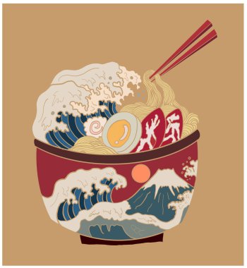 Geleneksel Japon eriştesi ve duvar kağıdı üzerine restoran baskısı için el sallama. Karalama sanatı için Ramen vektör çizimi. Arka planda yemek çubukları vektörü ile gün doğumu..