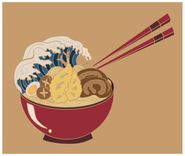 Geleneksel Japon eriştesi ve duvar kağıdı üzerine restoran baskısı için el sallama. Karalama sanatı için Ramen vektör çizimi. Arka planda yemek çubukları vektörü ile gün doğumu..