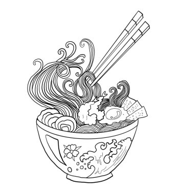 Geleneksel Japon eriştesi ve duvar kağıdı üzerine restoran baskısı için el sallama. Karalama sanatı için Ramen vektör çizimi. Arka planda yemek çubukları vektörü ile gün doğumu..